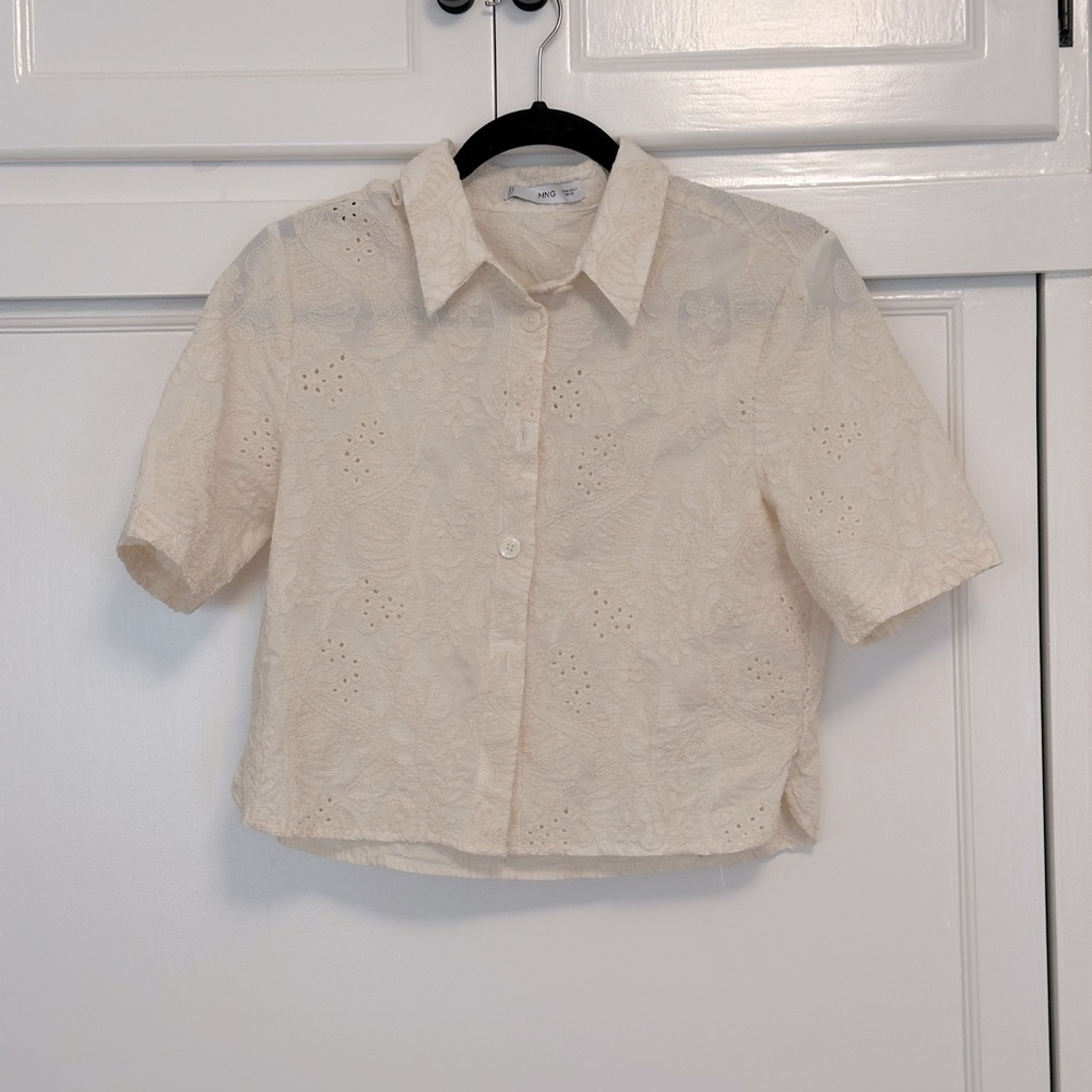 Mango embroidered eyelet collar blouse